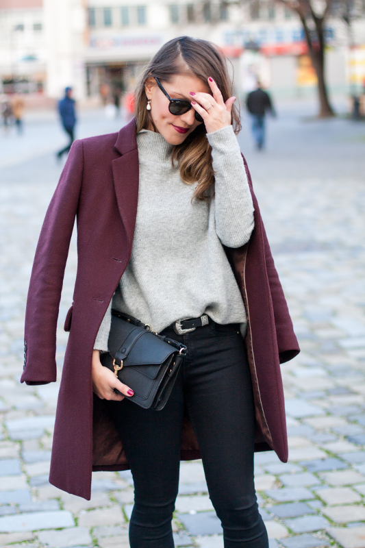 grey jumper and wine coat